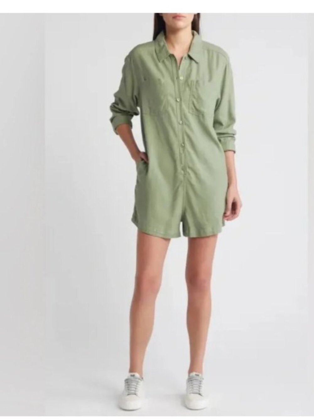 Treasure & Bond Olive Green long sleeve linen blend utility romper, size M